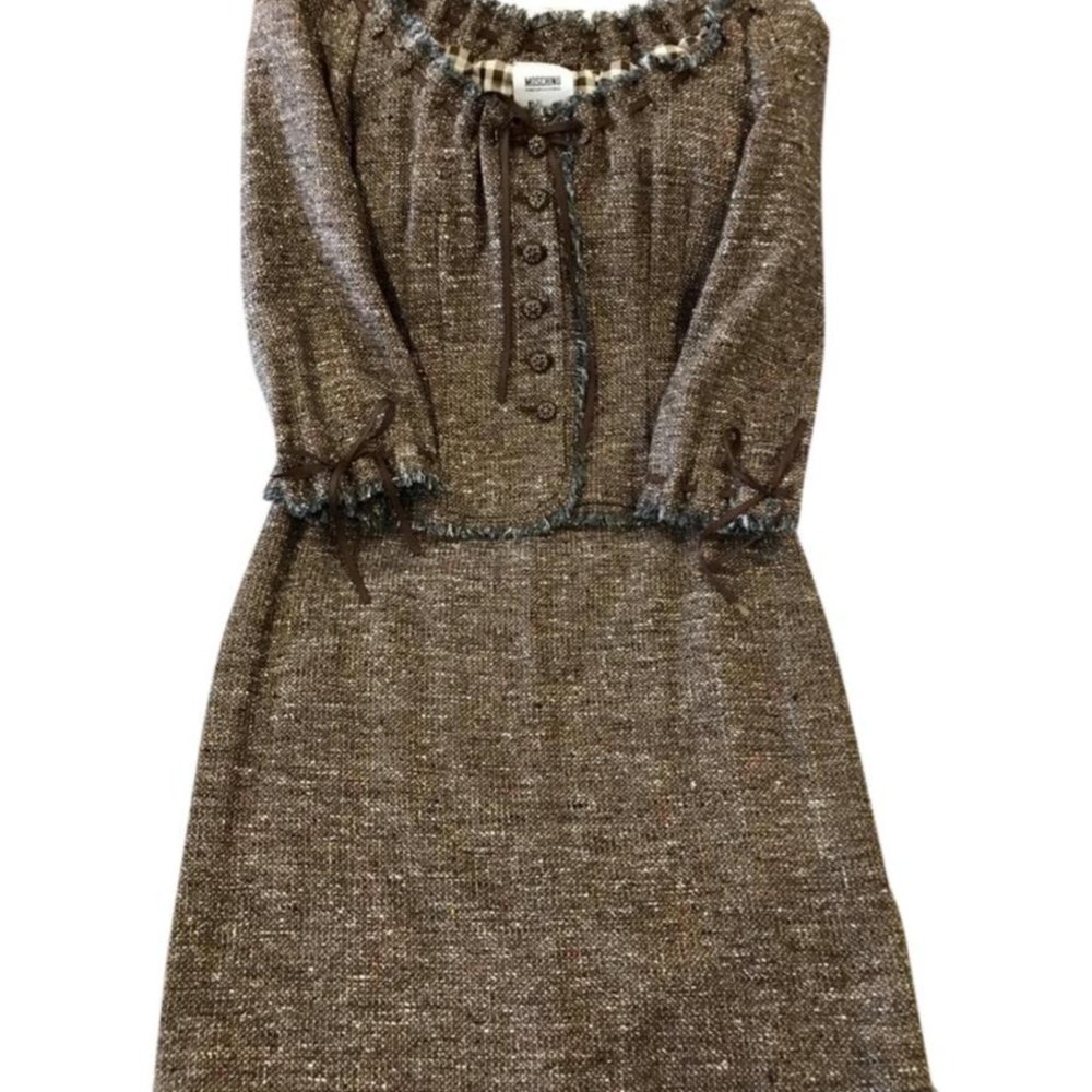 MOSCHINO Brown Tweed Scoop Neck Skirt Suit
